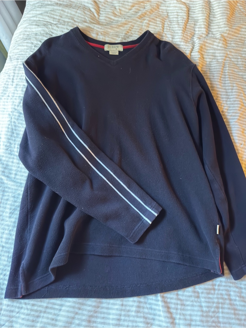 J. Crew Men's Navy V-Neck Sweater with White Stripe Detail